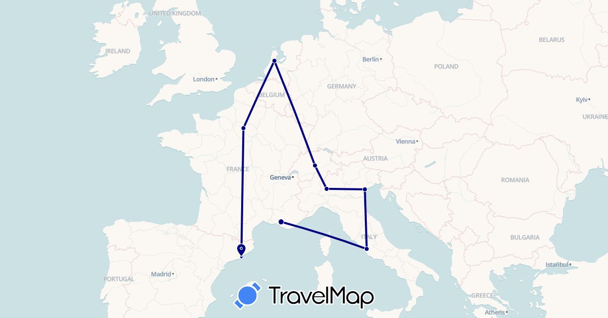 TravelMap itinerary: driving in Switzerland, Spain, France, Italy, Netherlands (Europe)
